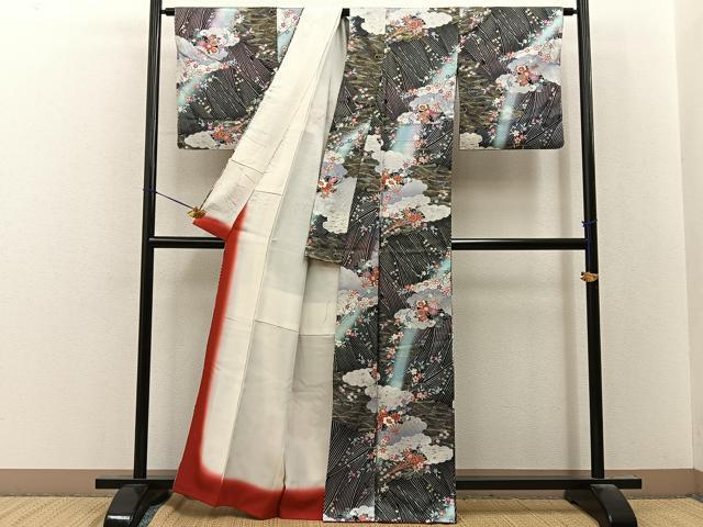 平和屋着物●世界的ファッションデザイナー 山本寛斎 kansaiブランド 小紋 扇面花文 暈し染め 黒地 金銀彩 正絹 逸品 BAAY8268hj