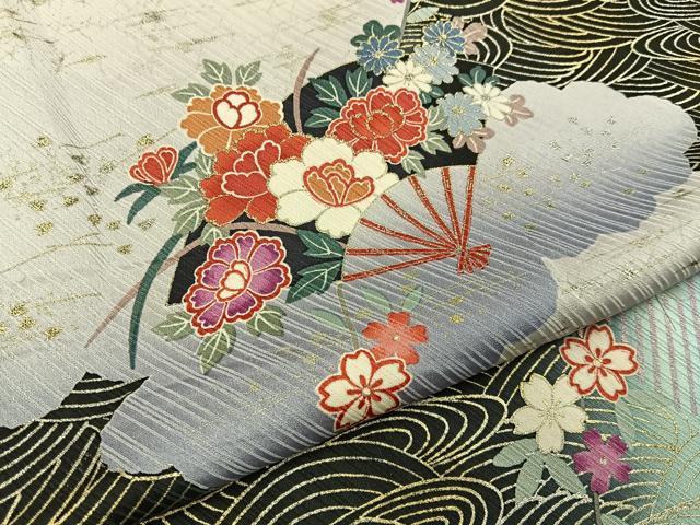 平和屋着物●世界的ファッションデザイナー 山本寛斎 kansaiブランド 小紋 扇面花文 暈し染め 黒地 金銀彩 正絹 逸品 BAAY8268hj