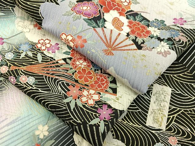 平和屋着物●世界的ファッションデザイナー 山本寛斎 kansaiブランド 小紋 扇面花文 暈し染め 黒地 金銀彩 正絹 逸品 BAAY8268hj