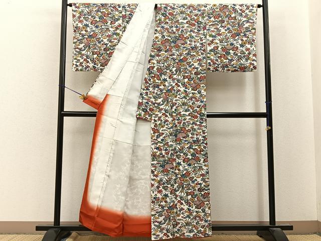 平和屋着物●堰出紅型 小紋 松竹梅 流水花鳥文 鬼しぼ縮緬 反端付き 正絹 逸品 BAAY8276hj