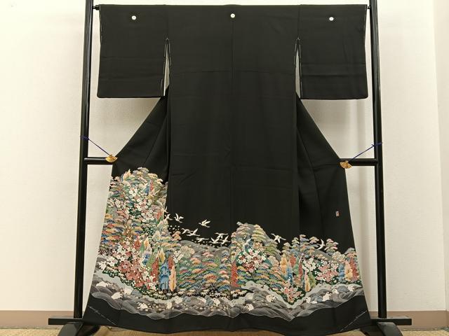 平和屋着物●豪華黒留袖 友禅 作家物 松竹梅 飛鶴風景文 正絹 逸品 未使用 BAAY8309hj