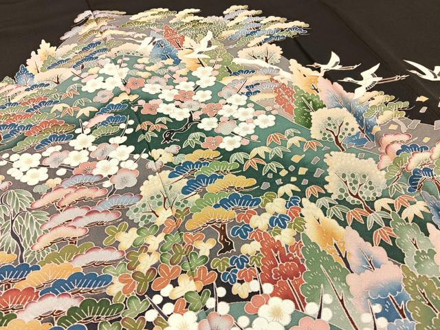 平和屋着物●豪華黒留袖 友禅 作家物 松竹梅 飛鶴風景文 正絹 逸品 未使用 BAAY8309hj