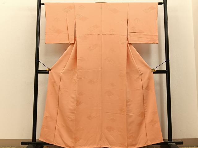 平和屋着物■上質な色無地 菱地紋 洒落柿色 正絹 逸品 BAAY8345hj