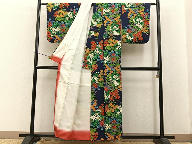 平和屋着物■上質な小紋 草花尽くし 濃紺地 金彩 正絹 逸品 BAAY8356hj