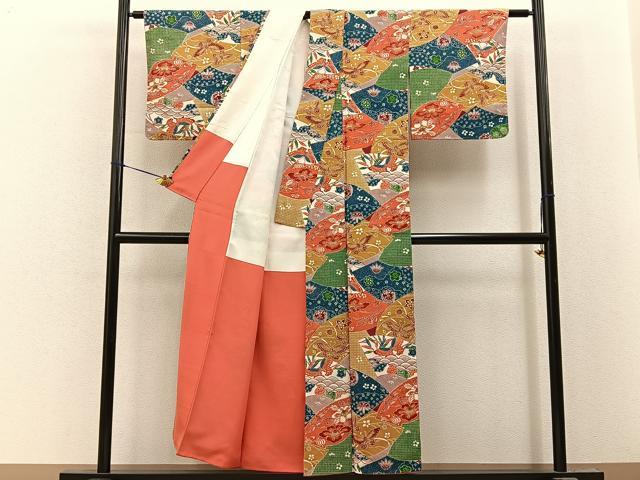 平和屋着物■上質な小紋 型染め 飛鶴花蝶文 鬼しぼ縮緬 正絹 逸品 BAAY8369hj