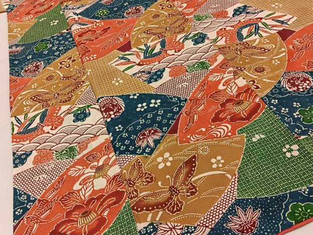 平和屋着物■上質な小紋 型染め 飛鶴花蝶文 鬼しぼ縮緬 正絹 逸品 BAAY8369hj