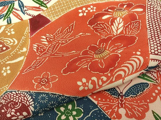 平和屋着物■上質な小紋 型染め 飛鶴花蝶文 鬼しぼ縮緬 正絹 逸品 BAAY8369hj