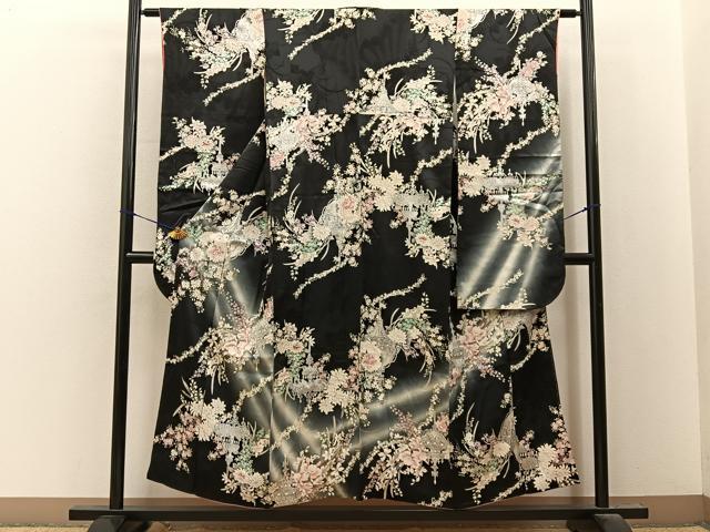 平和屋着物●豪華振袖 装飾花文 暈し染め 黒地 銀彩 正絹 逸品 BAAY8370hj