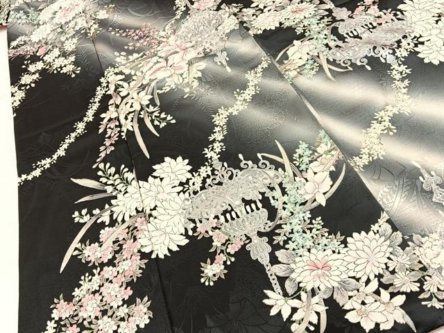 平和屋着物●豪華振袖 装飾花文 暈し染め 黒地 銀彩 正絹 逸品 BAAY8370hj