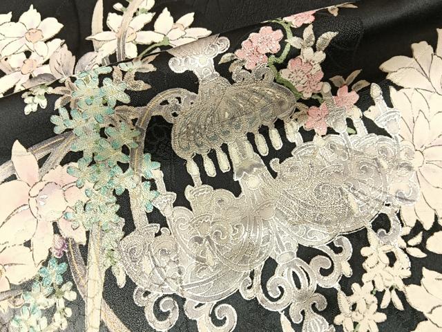 平和屋着物●豪華振袖 装飾花文 暈し染め 黒地 銀彩 正絹 逸品 BAAY8370hj