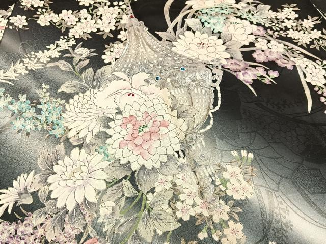 平和屋着物●豪華振袖 装飾花文 暈し染め 黒地 銀彩 正絹 逸品 BAAY8370hj