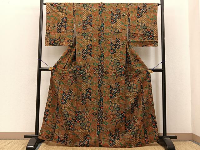 平和屋着物■上質な小紋 紬地 御所車扇面花文 正絹 逸品 BAAY8373hj