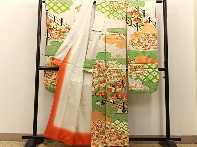 平和屋着物■豪華振袖 駒刺繍 渡橋雲取菊文 金彩 正絹 逸品 BAAY8396hj
