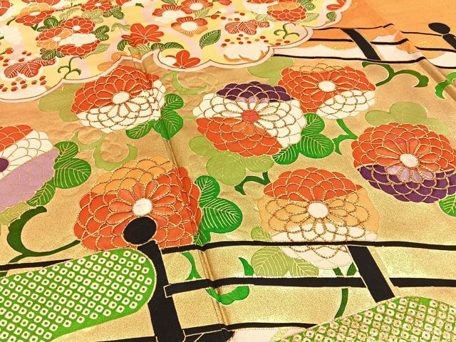 平和屋着物■豪華振袖 駒刺繍 渡橋雲取菊文 金彩 正絹 逸品 BAAY8396hj