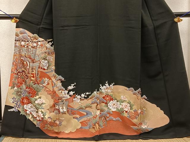 平和屋着物■豪華黒留袖 駒刺繍 御所車花文 金彩 正絹 逸品 BAAY8447hj