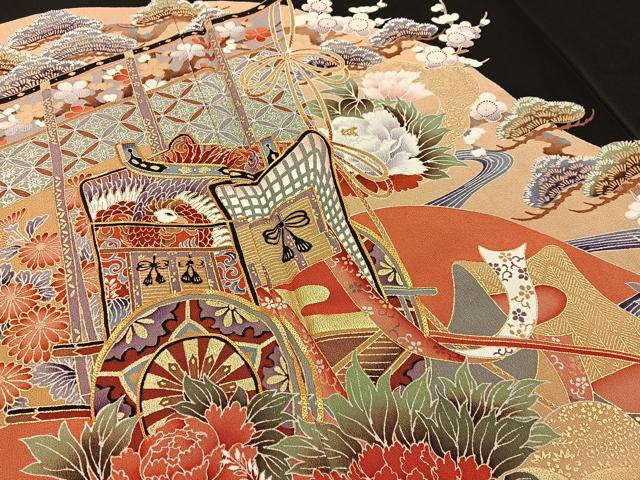 平和屋着物■豪華黒留袖 駒刺繍 御所車花文 金彩 正絹 逸品 BAAY8447hj