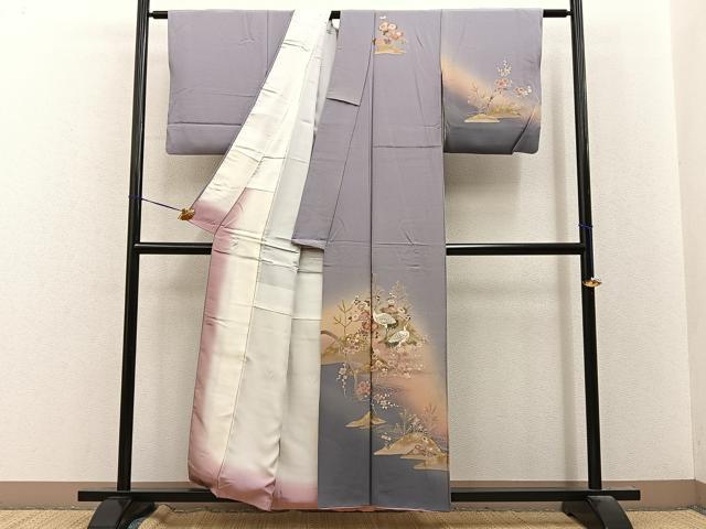 平和屋着物■訪問着 群鶴遠山花文 暈し染め 金彩 正絹 逸品 BAAY8461hj