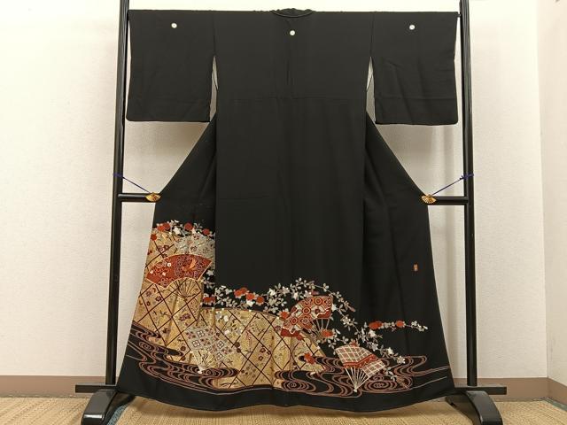 平和屋着物■豪華黒留袖 作家物 駒刺繍 鳳凰扇面花文 金銀彩 正絹 逸品 BAAY8465hj
