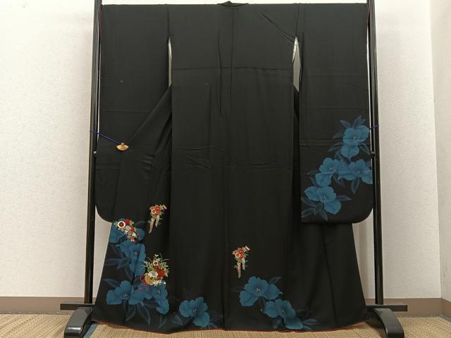 平和屋着物●豪華振袖 駒刺繍 飾花文 黒地 金彩 正絹 逸品 BAAY8492hj