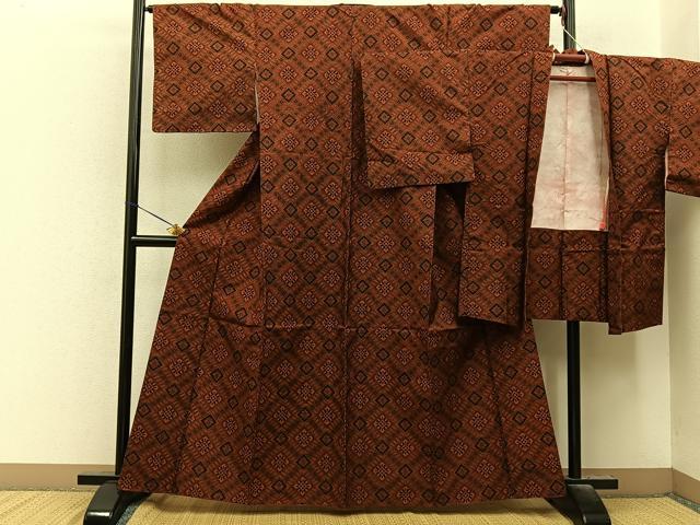 平和屋着物■本場村山大島紬 アンサンブル 菱吉祥文 正絹 逸品 BAAY8516hj
