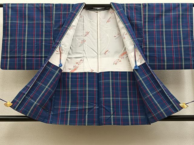 平和屋着物■上質な紬 格子柄 アンサンブル 正絹 逸品 BAAY8517hj