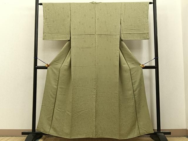 平和屋着物■上質な色無地 花唐草地紋 抹茶色 正絹 逸品 BAAY8543hj
