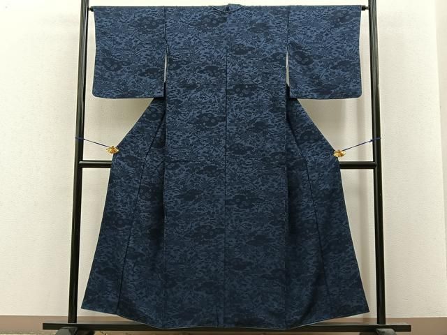 平和屋着物■上質な小紋 藍 型染め 雲隠れ草花文 正絹 逸品 BAAY8600hj