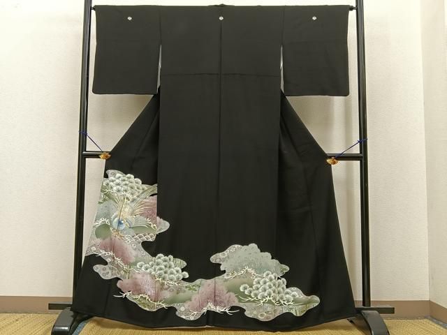 平和屋着物■豪華黒留袖 刺繍 松竹梅 尾長鶏 銀彩 正絹 逸品 BAAY8638hj