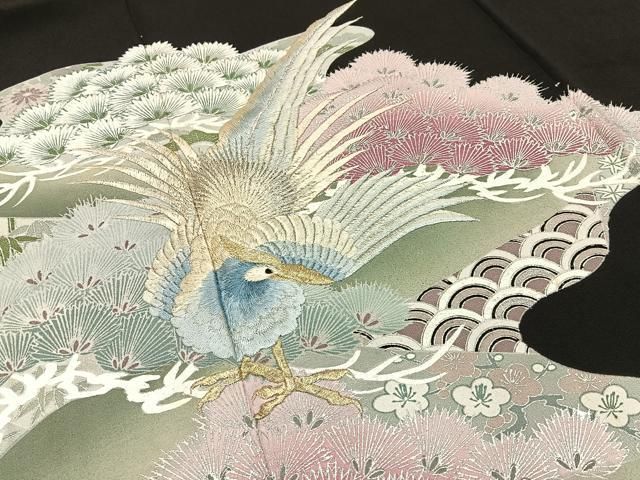 平和屋着物■豪華黒留袖 刺繍 松竹梅 尾長鶏 銀彩 正絹 逸品 BAAY8638hj