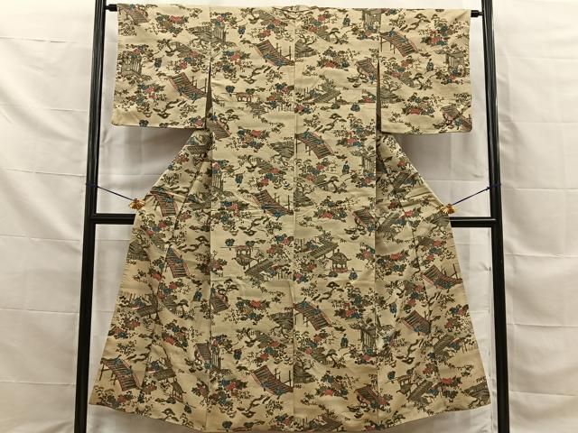 平和屋着物■上質な小紋 紬地 手描き 平安人物文 正絹 逸品 BAAY8677hj