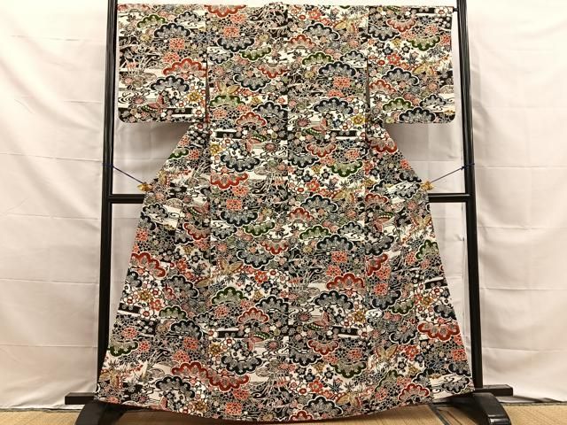 平和屋着物■上質な小紋 染大島 型染め 松竹梅 花蝶文 正絹 逸品 BAAY8708hj