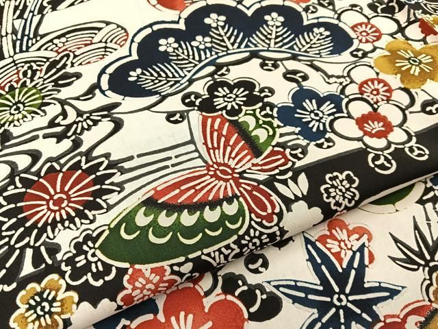 平和屋着物■上質な小紋 染大島 型染め 松竹梅 花蝶文 正絹 逸品 BAAY8708hj