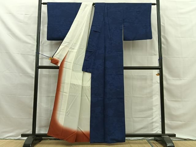 平和屋着物■上質な小紋 藍 型染め 流水花文 正絹 逸品 BAAY8711hj