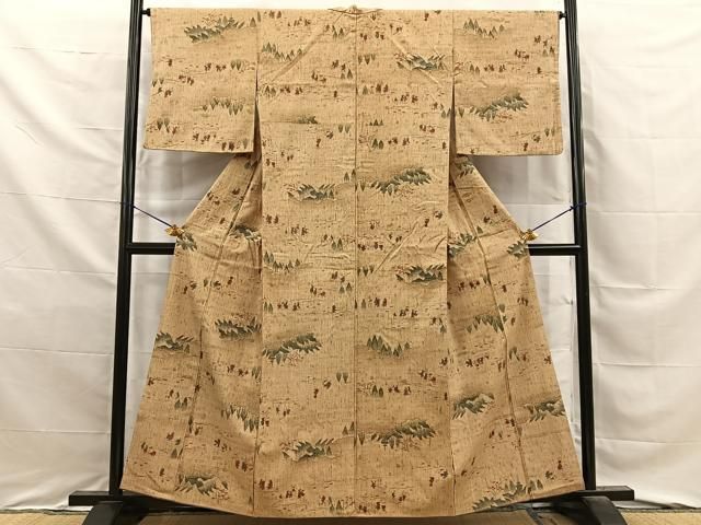 平和屋着物■上質な小紋 紬地 手描き 人物風景文 正絹 逸品 BAAY8756hj