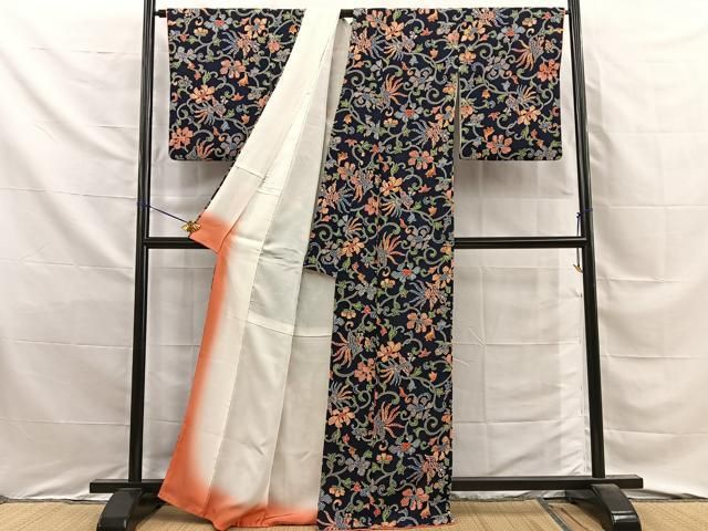 平和屋着物■上質な小紋 型染め 鳳凰花唐草文 濃紺地 鬼しぼ縮緬 正絹 逸品 BAAY8777hj