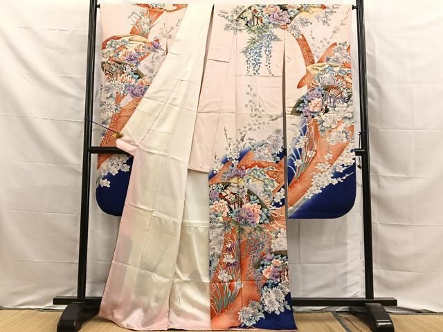 平和屋着物■豪華振袖 刺繍 地紙御所車花文 暈し染め 金彩 正絹 逸品 BAAY8788hj