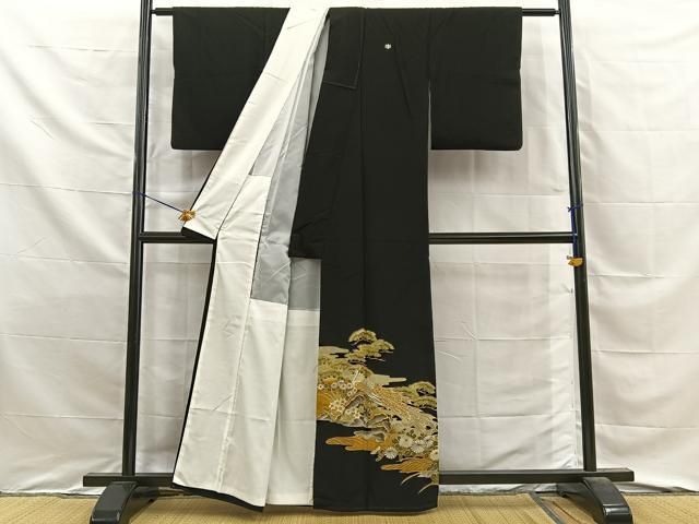 平和屋着物■黒留袖 駒刺繍 孔雀浜松文 金彩 洗える着物 BAAY8846hj