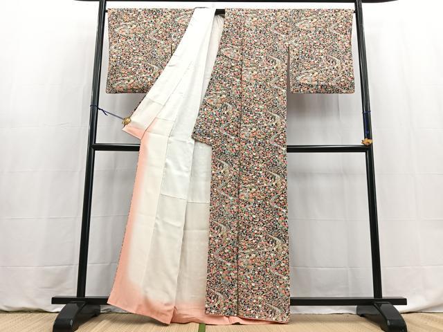 平和屋着物●上質な小紋 加賀友禅 加賀染 流水草花文 黒地 反端付き 正絹 逸品 BAAY9067yc