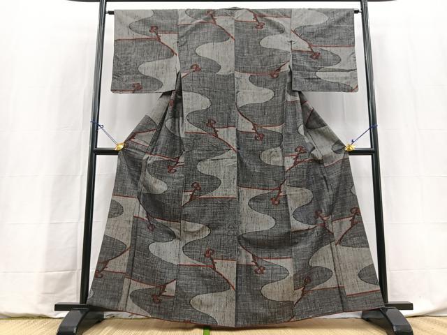平和屋着物■上質な紬 唐草文 黒地 正絹 逸品 BAAY9127yc