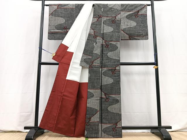 平和屋着物■上質な紬 唐草文 黒地 正絹 逸品 BAAY9127yc