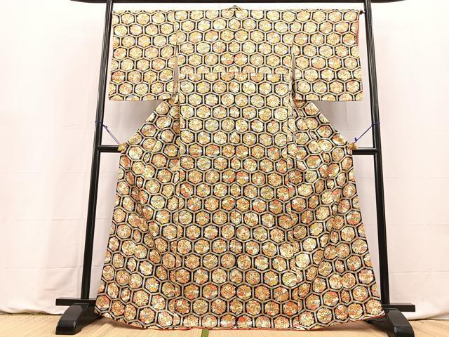 平和屋着物■上質な小紋 亀甲草花文 金彩 正絹 逸品 BAAY9247yc