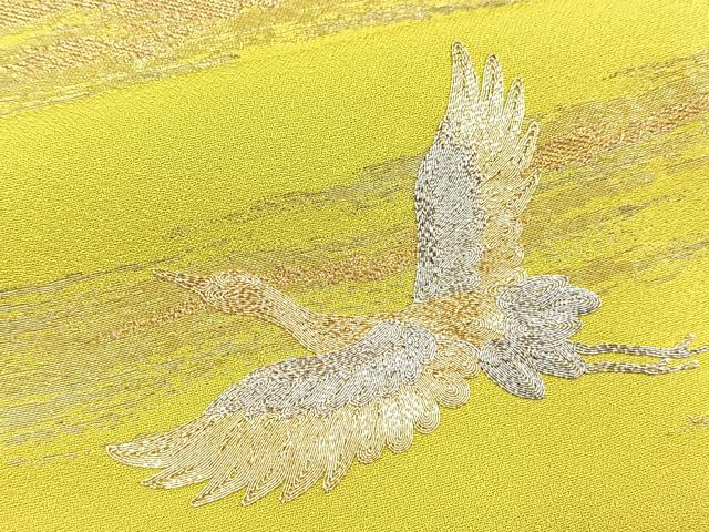 平和屋着物●訪問着 刺繍 飛鶴流水文 金銀糸 若草色 ロング丈 正絹 逸品 BAAY9314yc