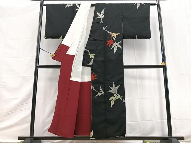 平和屋着物■上質なお召 寿光織 草葉文 黒地 金銀糸 正絹 逸品 BAAY9431yc