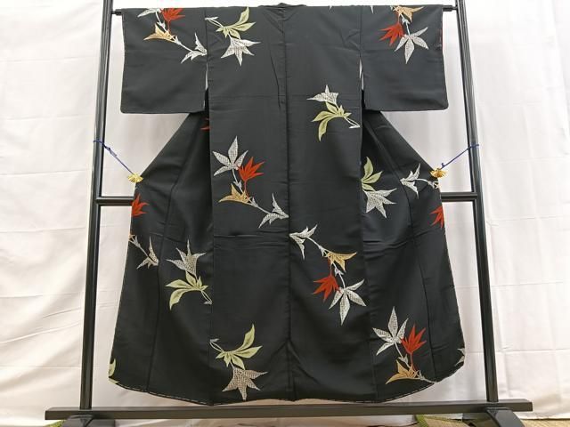 平和屋着物■上質なお召 寿光織 草葉文 黒地 金銀糸 正絹 逸品 BAAY9431yc