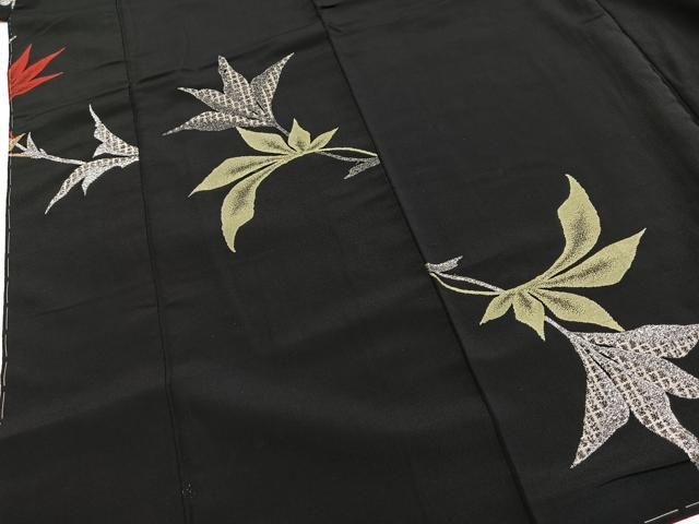 平和屋着物■上質なお召 寿光織 草葉文 黒地 金銀糸 正絹 逸品 BAAY9431yc