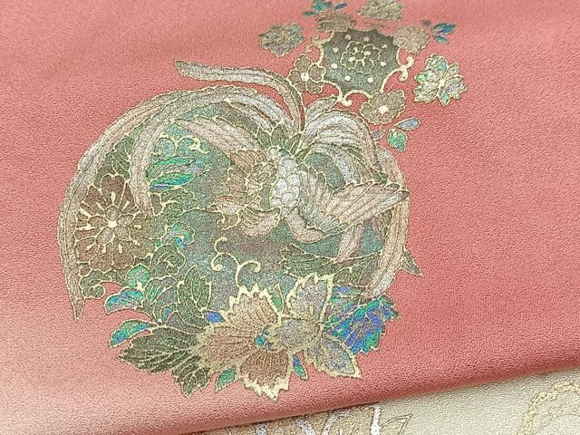平和屋着物●訪問着 鳳凰更紗花丸文 暈し染め 金銀彩 ロング丈 正絹 逸品 BAAY9506yc