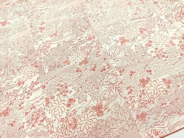 平和屋着物■上質な小紋 流水風景花文 鬼しぼ縮緬 正絹 逸品 未使用 BAAY9523yc