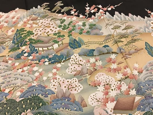 平和屋着物■豪華黒留袖 友禅 作家物 松竹梅風景文 正絹 逸品 BAAY9576yc