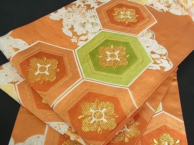 平和屋着物■六通柄袋帯 亀甲花文 金糸 逸品 by0416