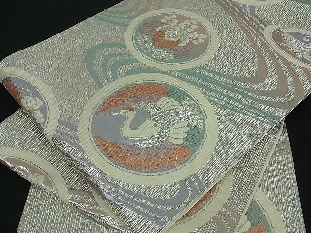 平和屋着物■六通柄袋帯 流水飛鶴花丸文 銀糸 逸品 by0923CC2